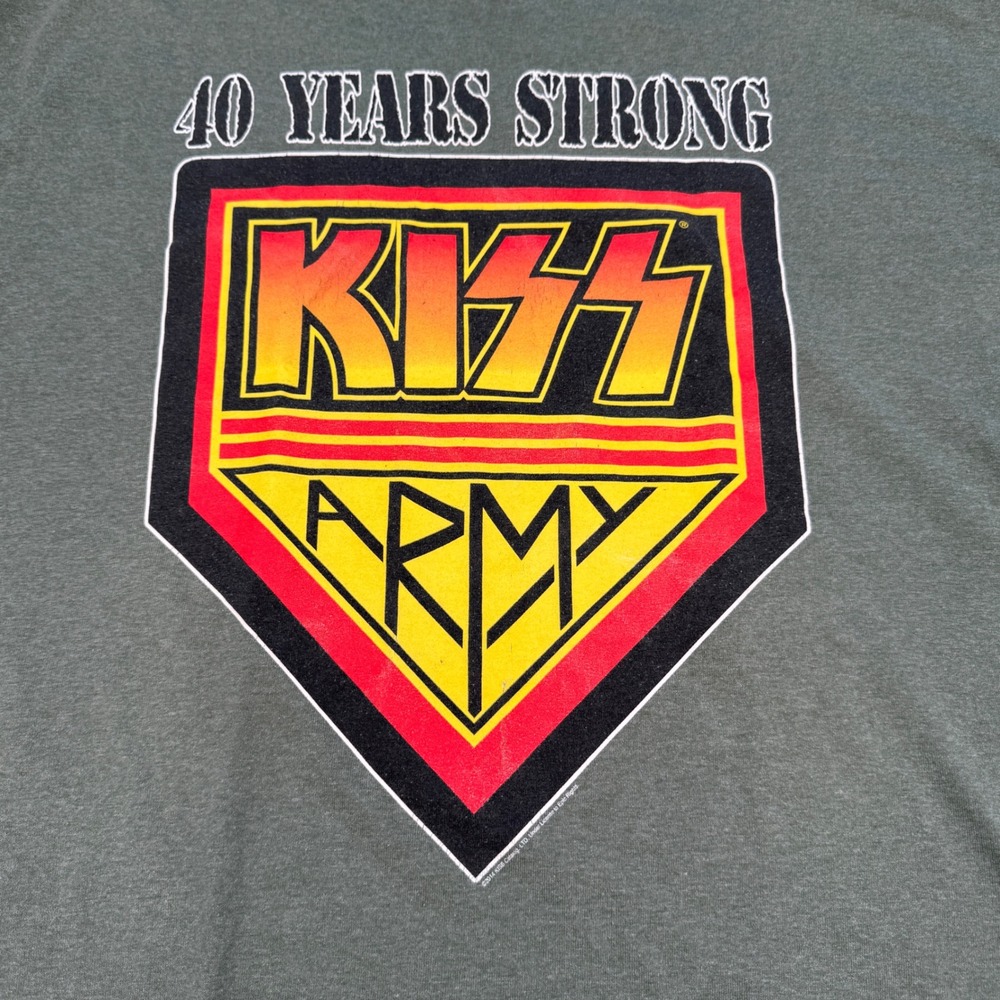 Mens KISS‎ 40 Years Strong Army T Shirt Graphic Tee Green 2XL